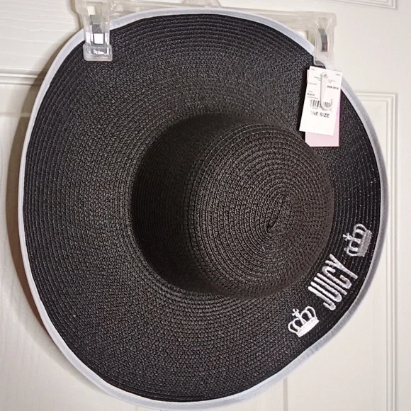 New Juicy Couture Black Wide Brim Straw Beach Sun Hat w/White Trim-Juicy Couture - Picture 4 of 4